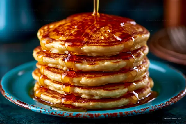Stack of pancakes with syrup dripping on a blue plate