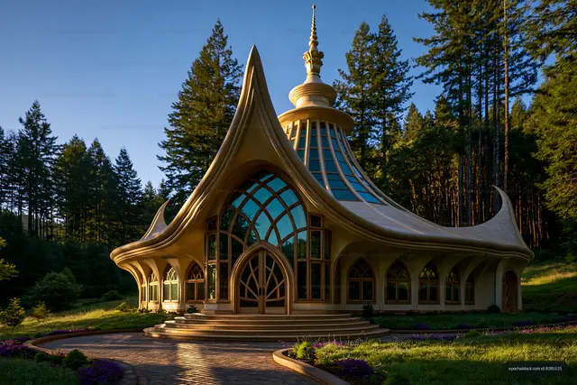 Unique architectural structure in a forest setting during daytime