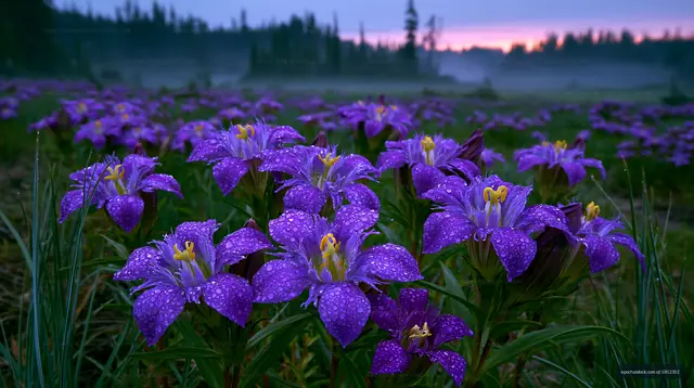 Purple wildflowers bloom in a misty field at sunrise