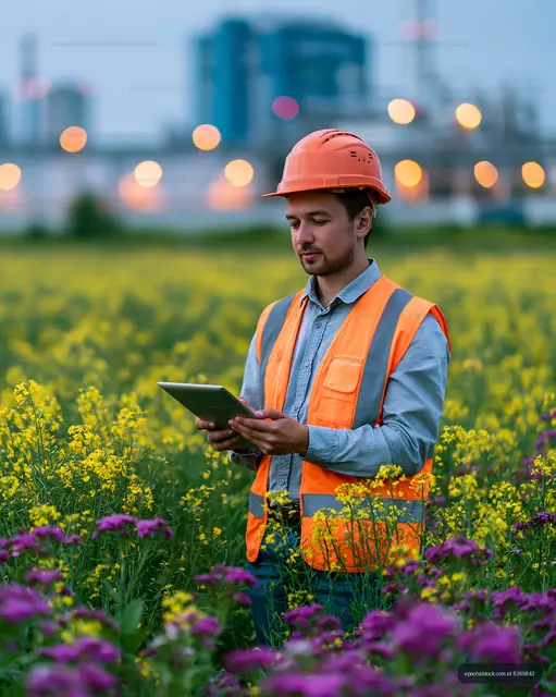 Construction worker using tablet in flower field during sunset