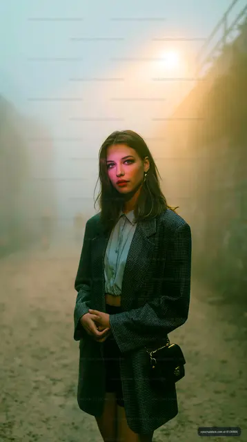 Young woman in oversized blazer standing in foggy alleyway
