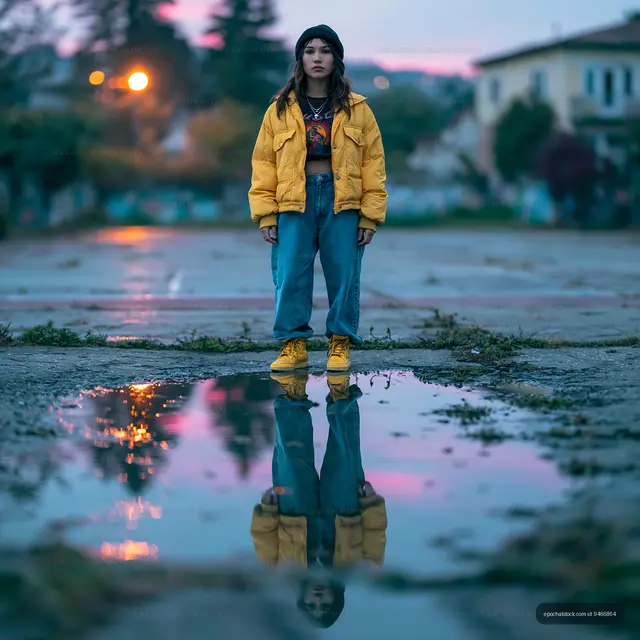 Young person standing in puddle reflecting street lights at dusk