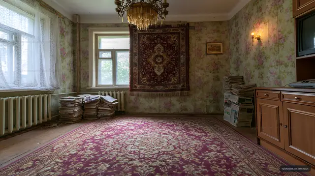 Old living room with vintage decor and cluttered newspapers