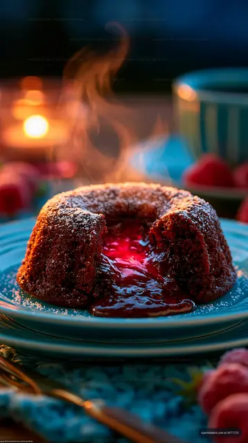 Chocolate dessert with melted filling on a blue plate