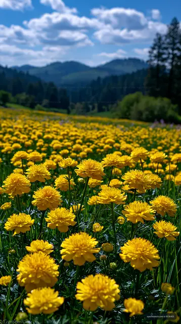 Yellow flowers blooming in a field with mountains in the background
