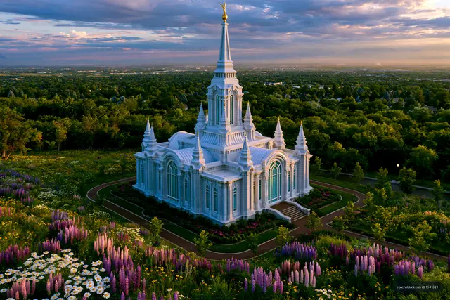 Beautiful church with garden and mountains in the background