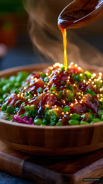 Sauce being poured over a bowl of colorful salad with greens