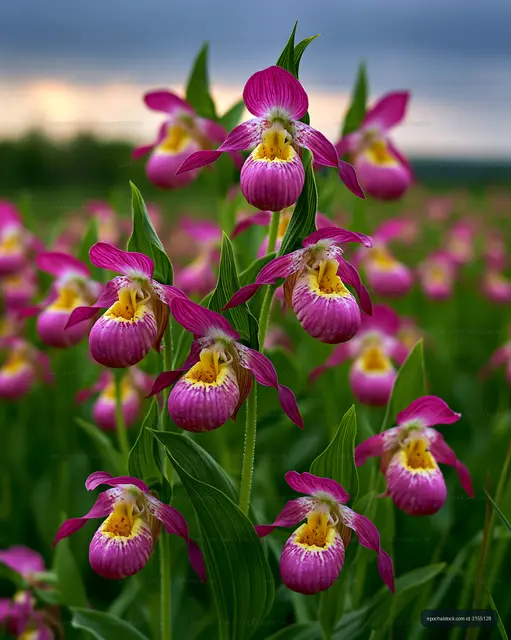 Pink wildflowers bloom in a green field during cloudy daylight