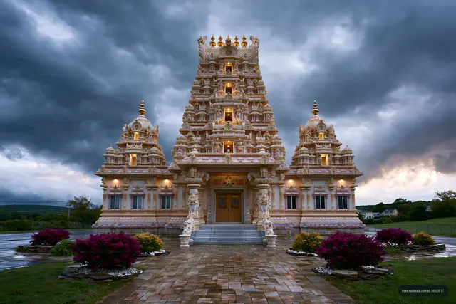 Temple structure with cloudy sky in the evening