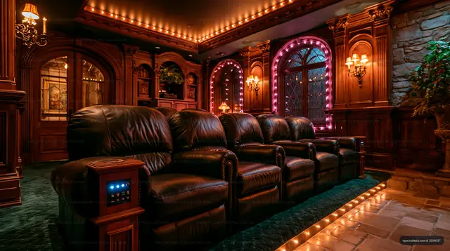 Home theater with comfortable seating and elegant decor