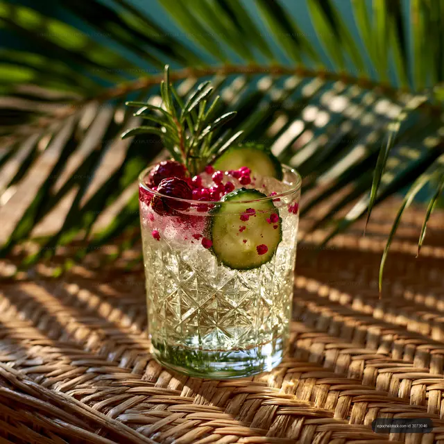 Refreshing drink with cucumber and herbs on a woven surface