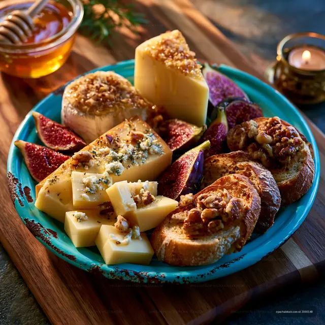 Cheese platter with fruits and honey on a wooden board