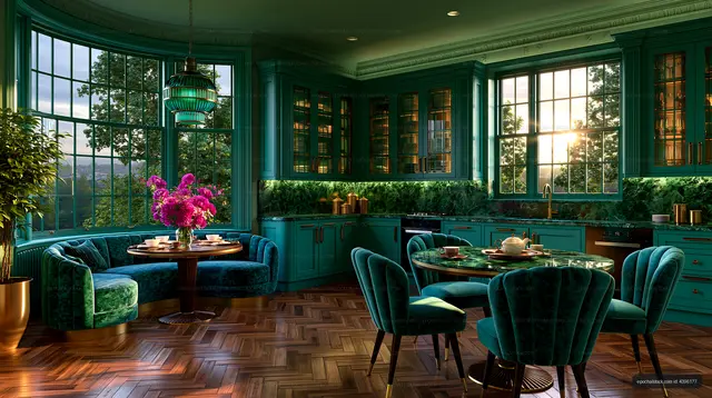 Modern kitchen with teal cabinets and colorful flowers at sunset