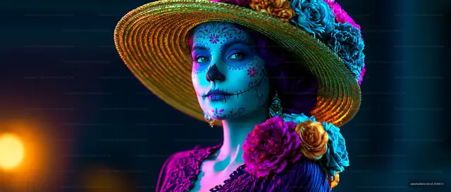 Woman with colorful skull makeup in a decorative hat
