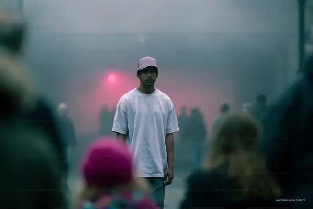 Man standing in a crowd with fog and colored lights