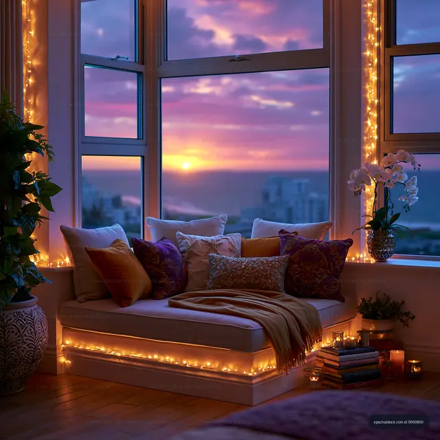 Cozy corner with lights overlooking sunset view