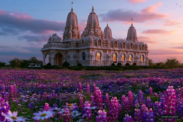 Hindu temple with colorful flowers under twilight sky