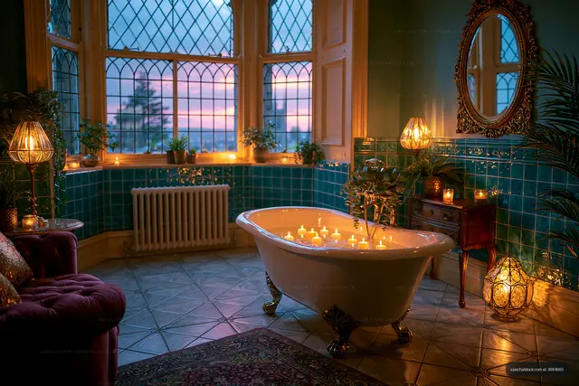Relaxing bath setup with candles and sunset view