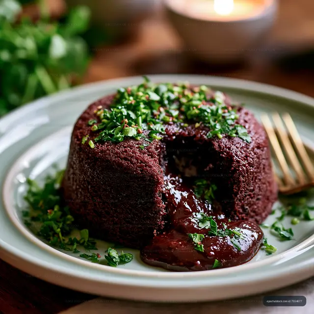 Chocolate dessert with melted center and herbs on a plate