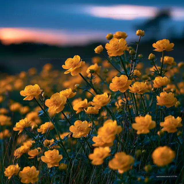 Yellow wildflowers bloom in a field during sunset