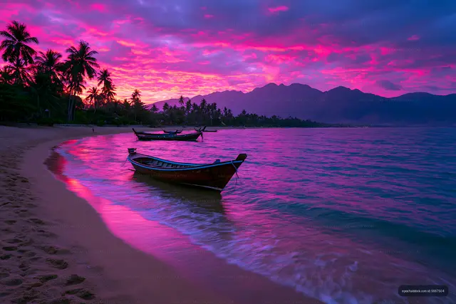 Sunset over beach with boats and mountains in the background