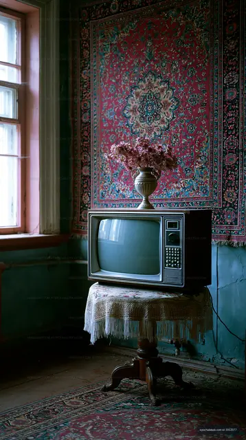 Old television on a table with flowers in a rustic room