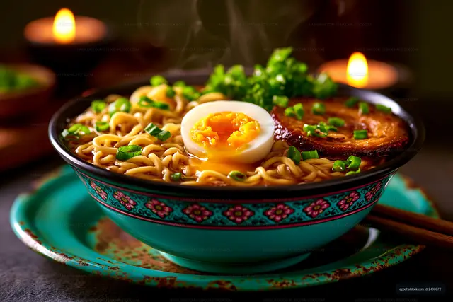 Hot bowl of ramen with egg, green onions, and meat