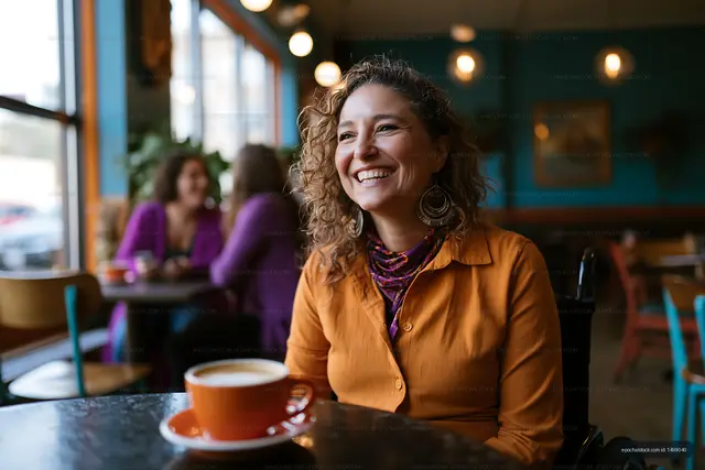 Woman smiles in a cafe while enjoying coffee with friends