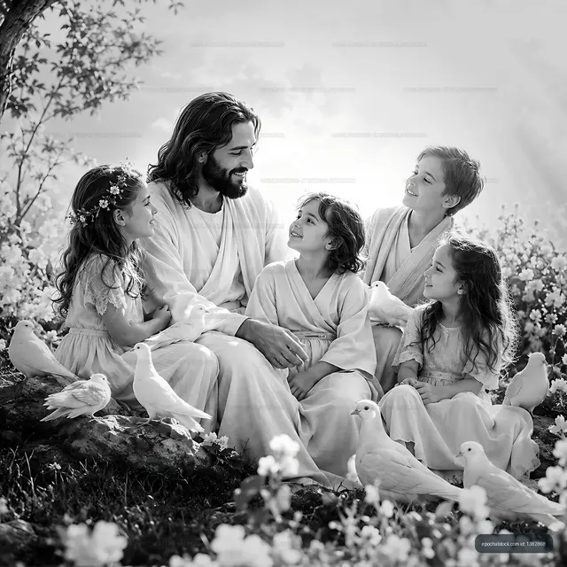 Jesus sitting with children in a garden surrounded by doves