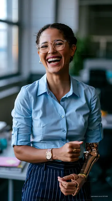 Woman with prosthetic arm smiling in office setting