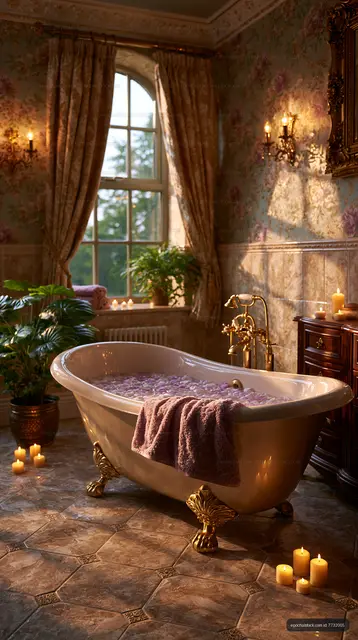 Cozy bathroom with a bathtub and candles in a vintage setting