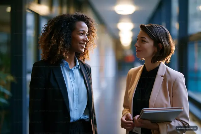Two women talking confidently in a modern office hallway