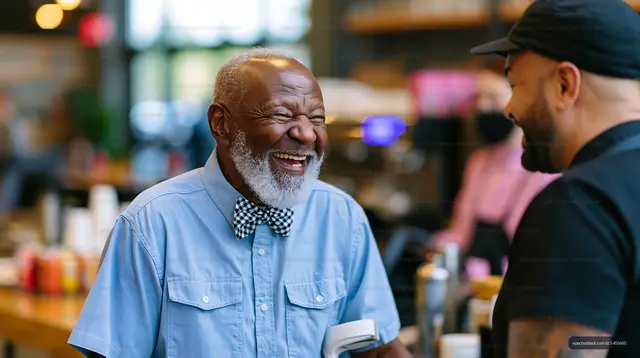 Elderly man laughing with barista in a coffee shop