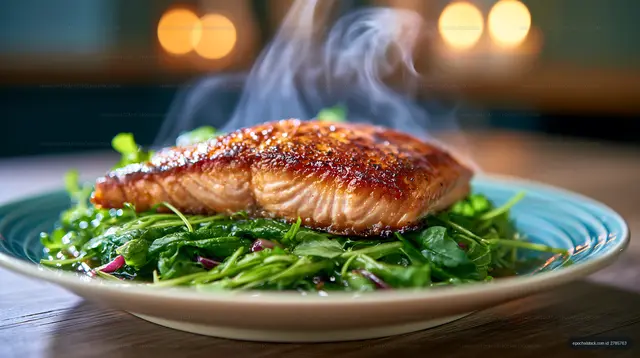 Steaming salmon fillet served on a bed of fresh greens