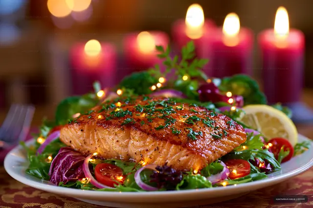 Salmon fillet served on fresh salad with candles in background