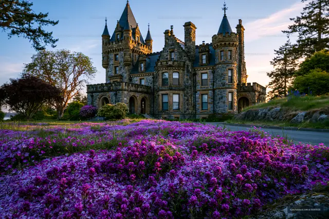 Historic castle with colorful flowers in the foreground