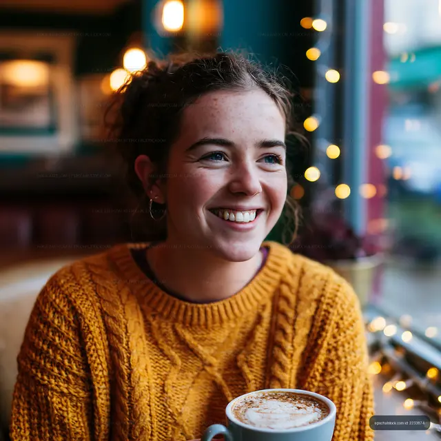 Young woman smiling in cozy cafe with coffee and fairy lights