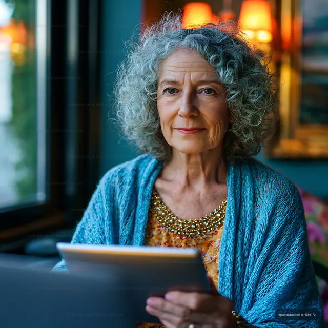 Senior woman using tablet in cozy indoor space at night