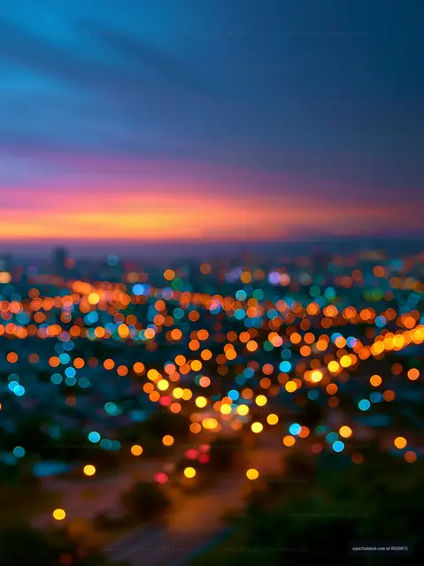 City skyline with blurred lights at twilight