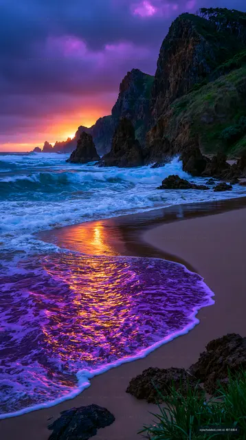 Sunset glow reflecting on ocean waves by rocky coastline