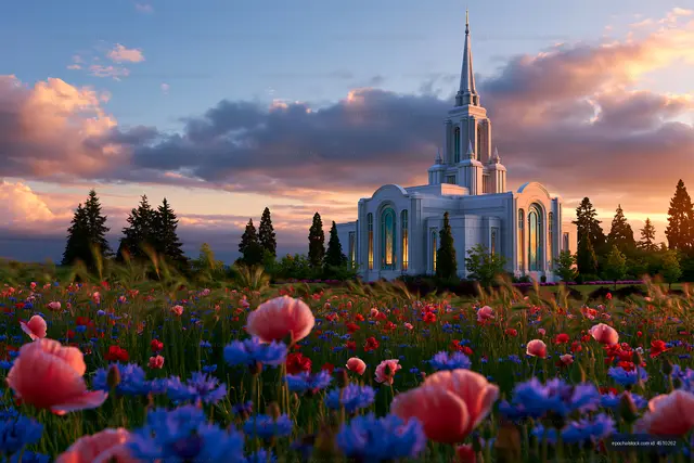 Church surrounded by colorful flowers at sunset