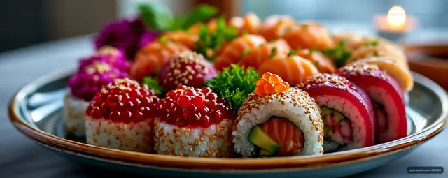Sushi platter with various rolls and toppings on a table