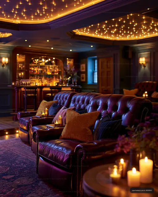 Cozy lounge with leather sofas and candles in a dimly lit bar