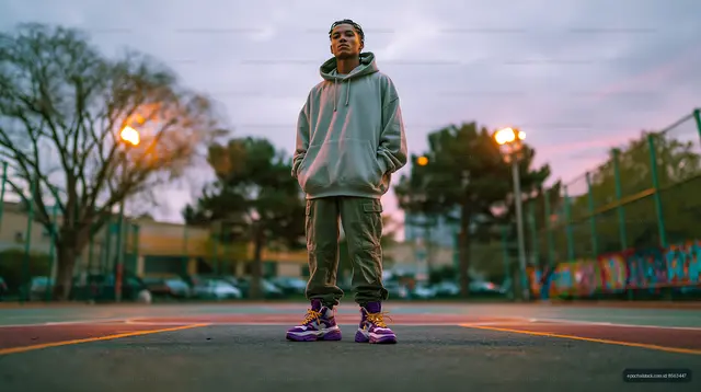 Person standing on outdoor basketball court at dusk