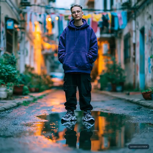 Person standing in alley with colorful clothes hanging nearby