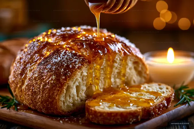 Freshly baked bread with honey and candle on a wooden board