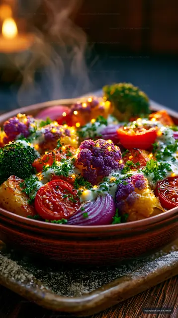 Colorful roasted vegetables in a bowl on a wooden table