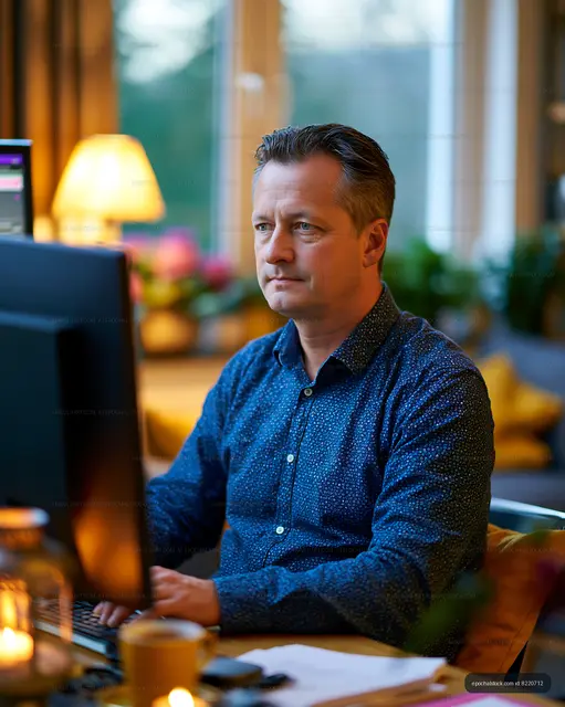 Man working at desk with computer in modern office setting