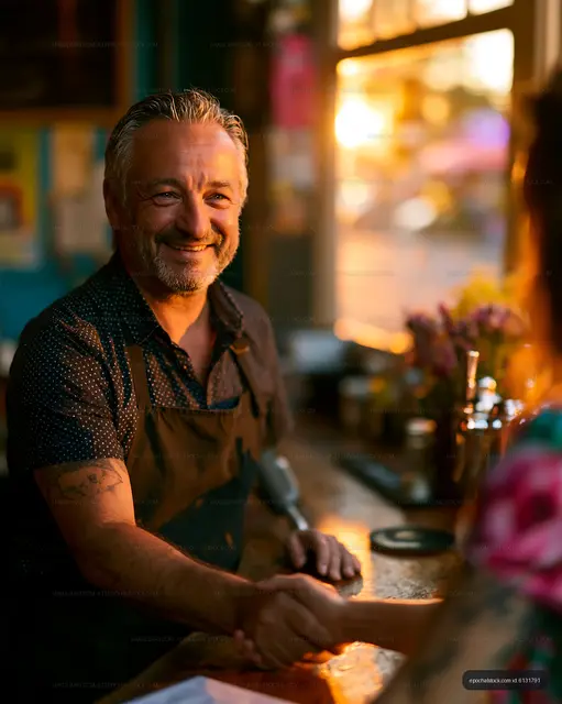 Smiling bartender shaking hands with a customer at sunset