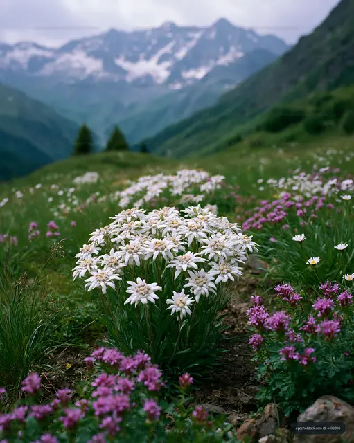 Mountain flowers in bloom near snow-capped peaks